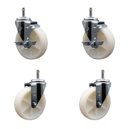 Service Caster 5'' Nylon Wheel Swivel 7/16'' Grip Ring Stem Caster Set 2 Brakes, 4PK SCC-GR20S514-NYS-TLB-716138-2-S-2